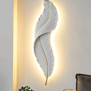 Resin Antique Feather Wall Sconce|Snowy Quill Decorative Wall Light for Living Room, Hallway, Kitchen & Office- Warm White, Cool White, Natural White (White+Golden)