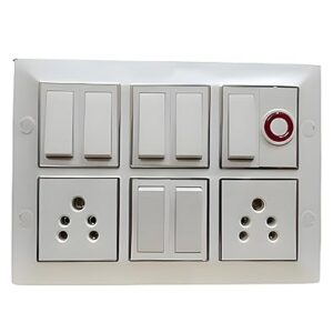 Modular Electrical Switchboard, 6 Switch with 2 Five Pin Socket and Indicator, Premium White Wall Switch Board, Pre-Wired Ready-to-Install, 100% Copper Internal Wiring, Strong Brass Terminals