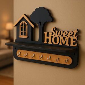 Alternative view of Premium 3D Wooden Key Holder with 6 Stainless Steel Hook for Living Room Wall Decor