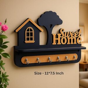 Premium 3D Wooden Key Holder with 6 Stainless Steel Hook for Living Room Wall Decor