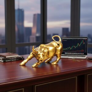 DecorTwist® Wall Street Golden Bull Statue (3.3 Inch, 317 gram) | Resin Bull Sculpture Decorative Showpiece Animal Figurines for Home Decor, Tabletop, Offices, Christmas, Gifting Item