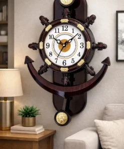GrabBasket Analog 38 cm X 26 cm Wall Clock (Brown, With Glass, Pendulum)