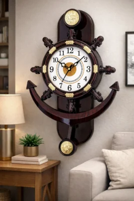 GrabBasket Analog 38 cm X 26 cm Wall Clock (Brown, With Glass, Pendulum)