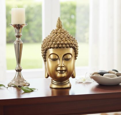 ESPLANADE Buddha Head Show Piece For Home Decor|Antique Buddha Face Statue For Room Decor|Office Table Decorative Item|Resin Gautam Buddha Idol & Figurine For House Warming Gifts|Golden,9 Inch