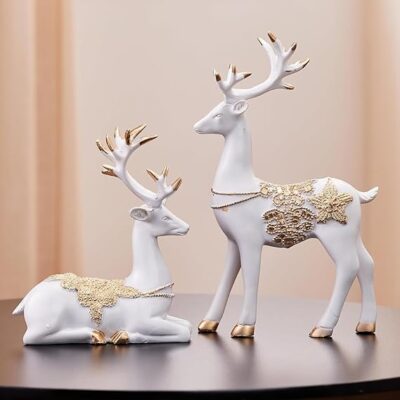 Amazon Basics Creative Resin Golden and White Reindeer Sculptures | Beautiful Home Decor Handicraft Resin | Elevates The Energy of Your Room (Pack of 2, White and Golden)