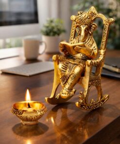 CHHARIYA CRAFTS Metal Lord Ganesh Reading Ramayana Statue Ganpati Sitting on Chair with Kuber Diya Idol for Home Office and Gifts Decor Corporate Gifts Decorative Showpiece - 14 cm (Metal, Gold)
