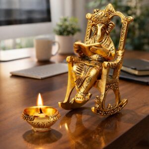 CHHARIYA CRAFTS Metal Lord Ganesh Reading Ramayana Statue Ganpati Sitting on Chair with Kuber Diya Idol for Home Office and Gifts Decor Corporate Gifts Decorative Showpiece - 14 cm (Metal, Gold)