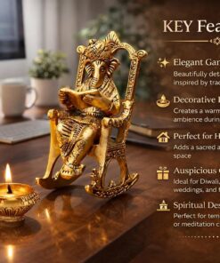 Alternative view of CHHARIYA CRAFTS Metal Lord Ganesh Reading Ramayana Statue Ganpati Sitting on Chair with Kuber Diya Idol for Home Office and Gifts Decor Corporate Gifts Decorative Showpiece - 14 cm (Metal, Gold)