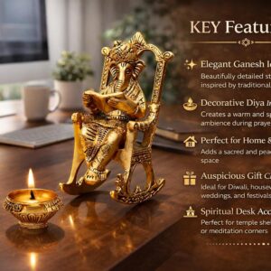 Alternative view of CHHARIYA CRAFTS Metal Lord Ganesh Reading Ramayana Statue Ganpati Sitting on Chair with Kuber Diya Idol for Home Office and Gifts Decor Corporate Gifts Decorative Showpiece - 14 cm (Metal, Gold)