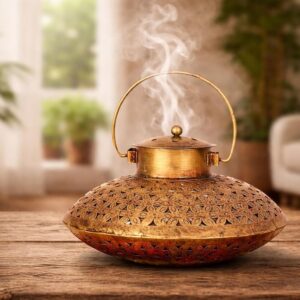 Metal Antique Degchi Dhoop Dani 9 Inch – Heavy Iron Incense & Dhoop Batti Holder for Pooja Mandir, Temple & Home Decor | Vintage Golden Finish Tea Light Candle Stand | Diwali Gift Item