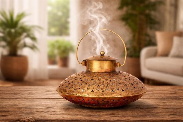 Metal Antique Degchi Dhoop Dani 9 Inch – Heavy Iron Incense & Dhoop Batti Holder for Pooja Mandir, Temple & Home Decor | Vintage Golden Finish Tea Light Candle Stand | Diwali Gift Item