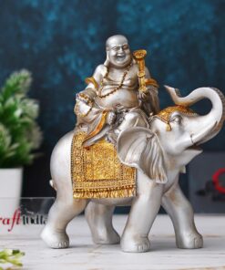eCraftIndia Silver Golden Resin Laughing Buddha Statue Seating on Elephant Figurine Showpiece for Home Decor Living Room Bedroom Laughing Buddha for Good Luck Money| Gift for Birthday Friendship Day
