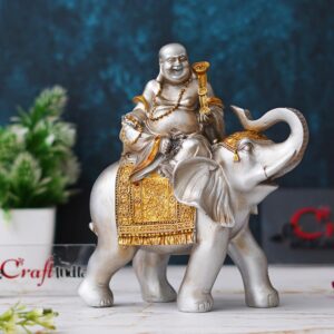 eCraftIndia Silver Golden Resin Laughing Buddha Statue Seating on Elephant Figurine Showpiece for Home Decor Living Room Bedroom Laughing Buddha for Good Luck Money| Gift for Birthday Friendship Day