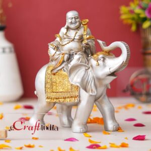 Alternative view of eCraftIndia Silver Golden Resin Laughing Buddha Statue Seating on Elephant Figurine Showpiece for Home Decor Living Room Bedroom Laughing Buddha for Good Luck Money| Gift for Birthday Friendship Day