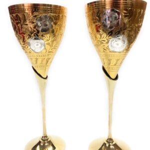 Brass Wine Glass Set with Wooden Box (Gold, Flute Design, CTKTC4431)
