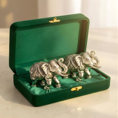 999 Pure Silver Plated Elephant Idol Pack of 2 | 2 Inch Vastu & Good Luck