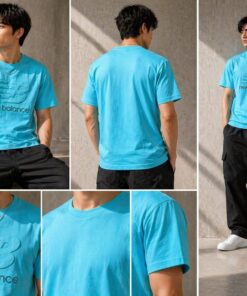 New Balance Men's Cyan Blue Embossed Logo Cotton Crew-Neck T-Shirt