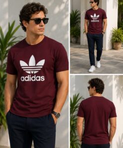 Adidas Originals Men's Burgundy Trefoil Logo Casual Cotton T-Shirt