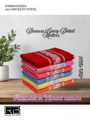 RB Embroidered 420 GSM Ultra-Soft Large Bath Towel – 55 x 28 Inch, Highly Absorbent & Fade Resistant
