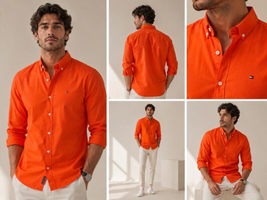 Tommy Hilfiger Men's Premium Cotton Button-Down Casual Shirt – Vibrant Orange