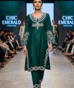 Alternative view of Premium Pakistani Designer Cut Work Coat Set for Women – Bottle Green & Rani | M, L, XL