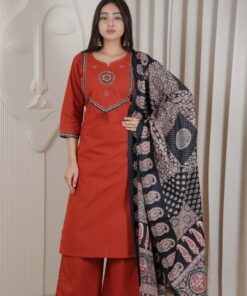 Premium Dhabu Cotton Kurti Pant Dupatta Set for Women | Embroidery & Mirror Work Ethnic Wear