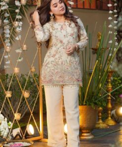 Alternative view of Premium Rose Gold Coding Embroidery Kurti Pant Set for Women | Heavy French Crepe Silk Designer Suit