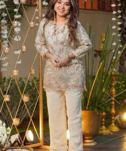 Premium Rose Gold Coding Embroidery Kurti Pant Set for Women | Heavy French Crepe Silk Designer Suit