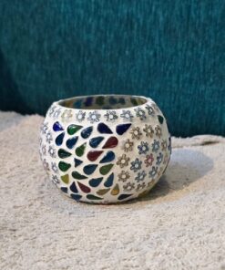 Blue Pottery Glass Tea Light Holder – Handcrafted Mosaic Votive