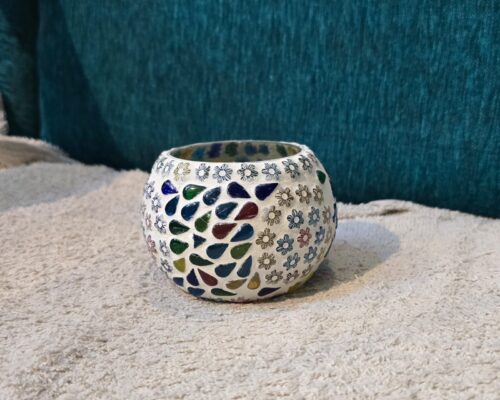 Blue Pottery Glass Tea Light Holder – Handcrafted Mosaic Votive