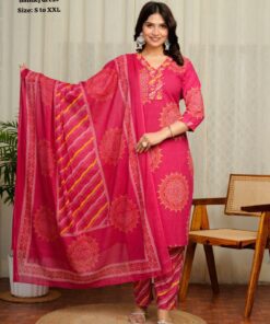 Premium Jaipuri Bandhej Suit Set for Women – Pure 60x60 Cotton Hand Work Kurti Pant with Laheriya Dupatta