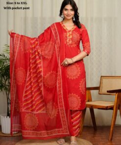 Alternative view of Premium Jaipuri Bandhej Suit Set for Women – Pure 60x60 Cotton Hand Work Kurti Pant with Laheriya Dupatta