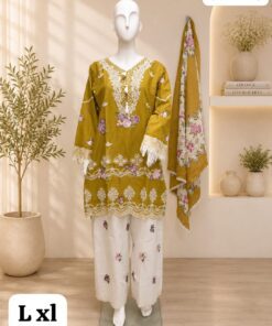Premium Mushk Designer Cotton Embroidered Kurta Plazo Set with Digital Print Dupatta for Women